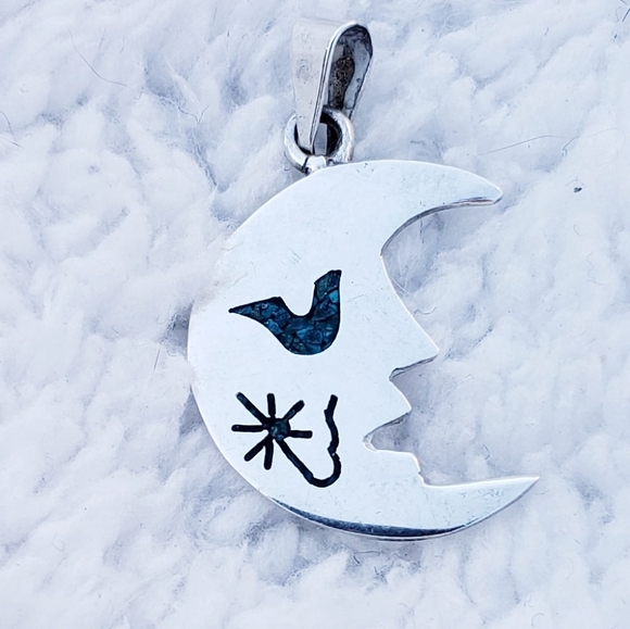 Vintage Signed Silver Taxco Designer Moon Pendant - Picture 3 of 8